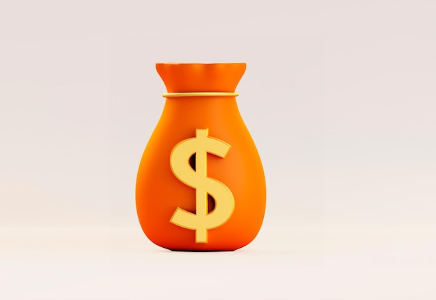 3D-weergave van oranje geldzak met dollarpictogram Cash business en financiën concept