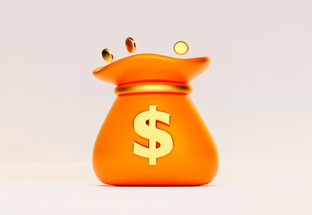 3D-weergave van oranje geldzak met dollarpictogram Cash business en financiën concept