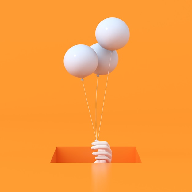 3D-weergave van oranje vierkant gat met witte hand houdt blauwe ballonnen vast.