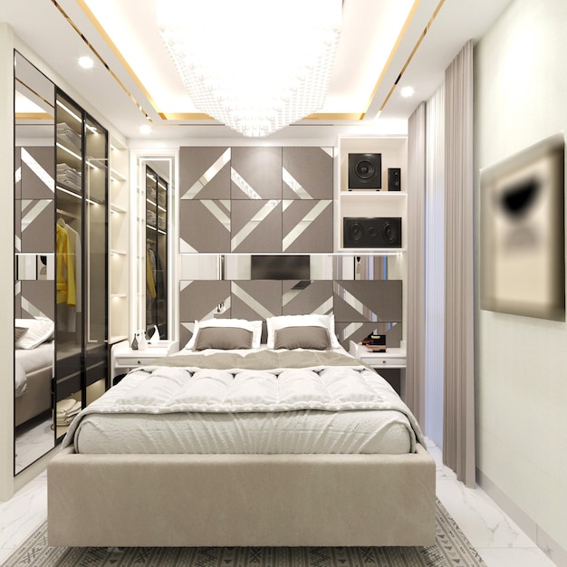3D-weergave van prachtig en uitstekend slaapkamerinterieurontwerp