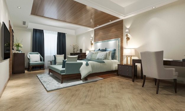 3D-weergave van prachtige klassieke slaapkamer suite in hotel met tv en werktafel