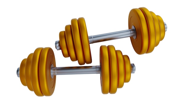 Foto 3d-weergave van realistische gouden dumbbells geïsoleerd op witte achtergrond