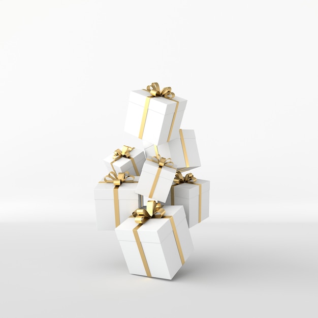 3D-weergave van realistische witte geschenkdoos met gouden lint boog op witte achtergrond
