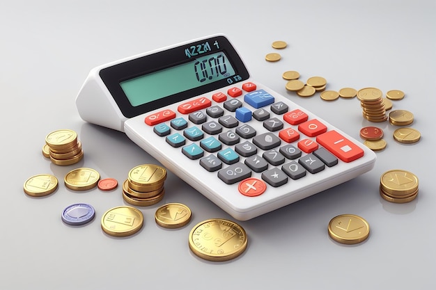 3D-weergave van rekenmachine en munt concept van geldbeheer planning belasting geïsoleerd op witte achtergrond 3D render illustratie cartoon stijl