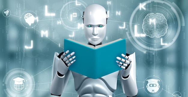 3D-weergave van robot hominoïde leesboek