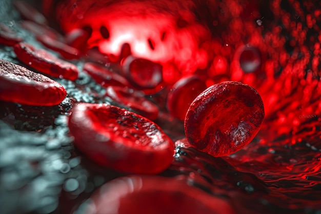 3D-weergave van rode bloedcellen die in een vat stromen met een diepte van het veld Medisch gezondheidszorgconcept
