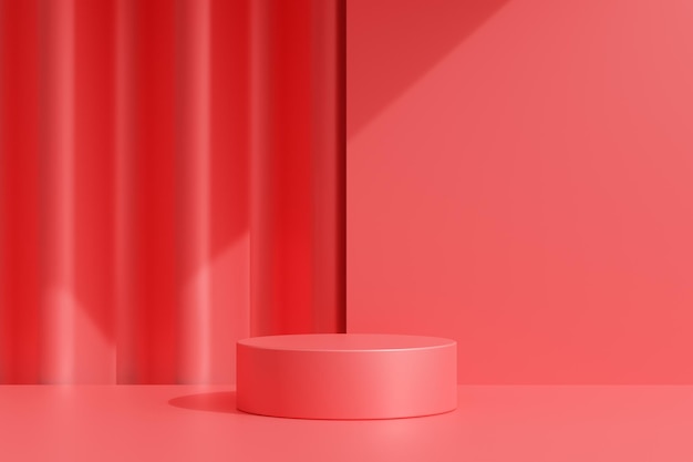 3D-weergave van rood podiumplatform op rode achtergrond voor productvertoning op valentijnsdag