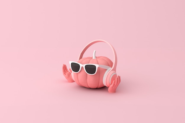 3D-weergave van roze pompoen met koptelefoon en zonnebril.