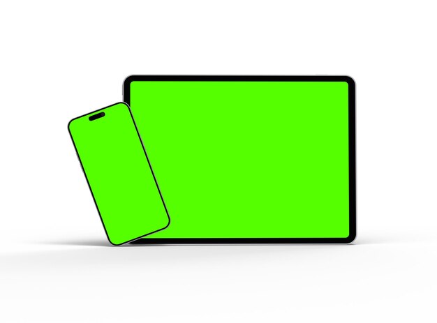 3D-weergave van smartphone en tablet met een groen scherm op een lichte achtergrond