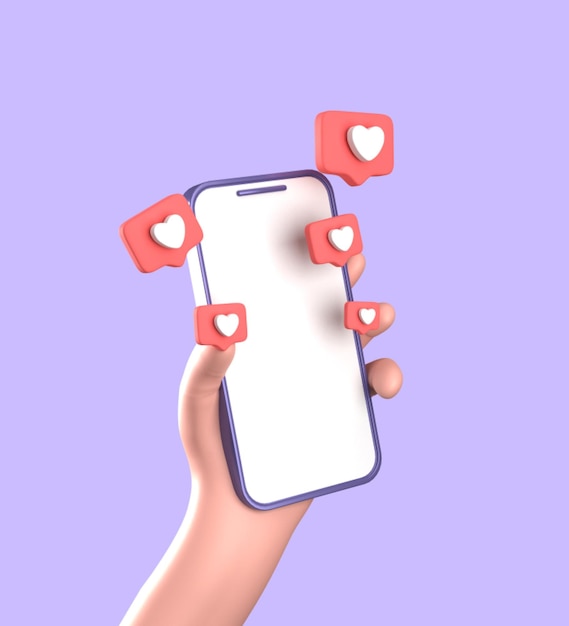 3D-weergave van smartphone met hand 3D pastel smaprtphone met ornamenten icon set