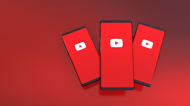 3D-weergave van smartphones met Youtube-logo op het scherm