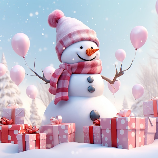 3D-weergave van sneeuwman met geschenkkistjes en ballonnen in het winterwoud