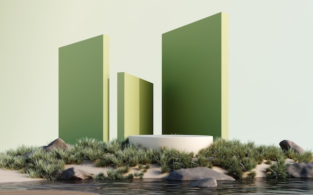 3D-weergave van surrealistisch landschap met rond podium in het water wit zand en gras