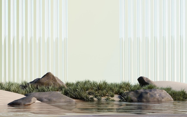 3D-weergave van surrealistisch landschap met rond podium in het water wit zand en gras
