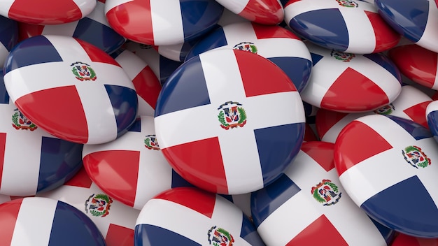 3D-weergave van veel badges met de Dominicaanse vlag in een close-up weergave