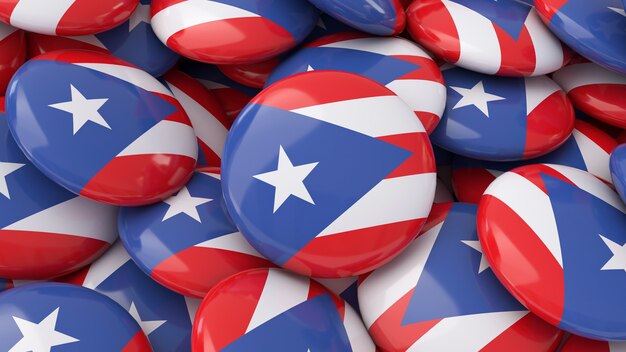 3D-weergave van veel badges met de Puerto Ricaanse vlag in een close-up weergave