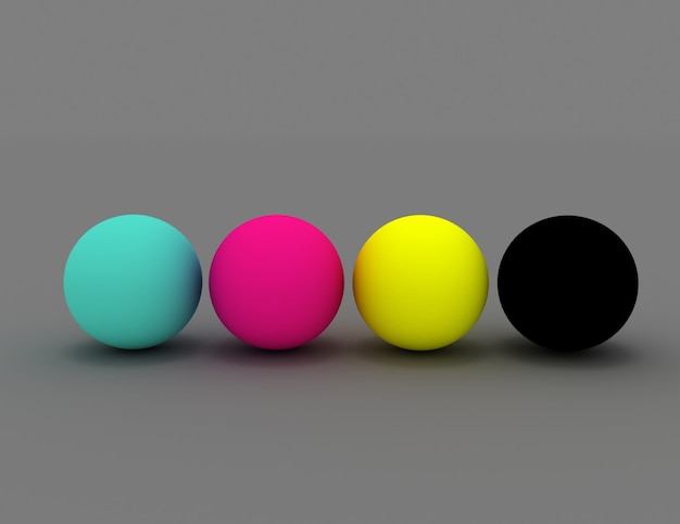 3D-weergave van vier bollen in CMYK-kleuren