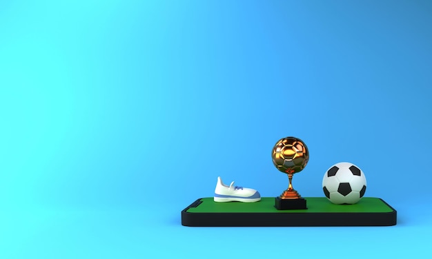 3D-weergave van voetbal met sportschoen gouden winnende trofee Cup over smartphone scherm en kopie ruimte op glanzende blauwe achtergrond