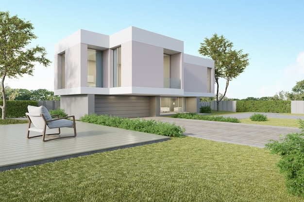 3d-weergave van wit luxe huis met garage en tuin modern architectuurontwerp