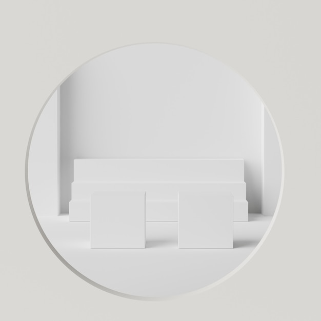 3D-weergave van wit marmer toont podiumscène voor mock-up en productpresentatie met minimale achtergrond.