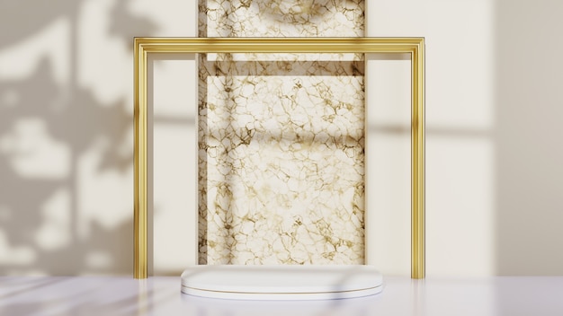 3D-weergave van wit podium voor het weergeven van producten versierd met gouden frame en schaduw van vensterachtergrond. Mockup voor showproduct.
