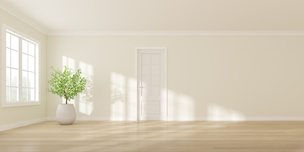 3D-weergave van witte lege ruimte met houten vloer en zonlicht werpen schaduw op de muur. Witte deur en vaas van plant.