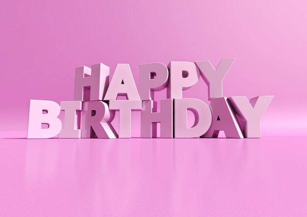 3D-weergave van witte letters die de woorden Happy Birthday op een paars roze oppervlak vormen