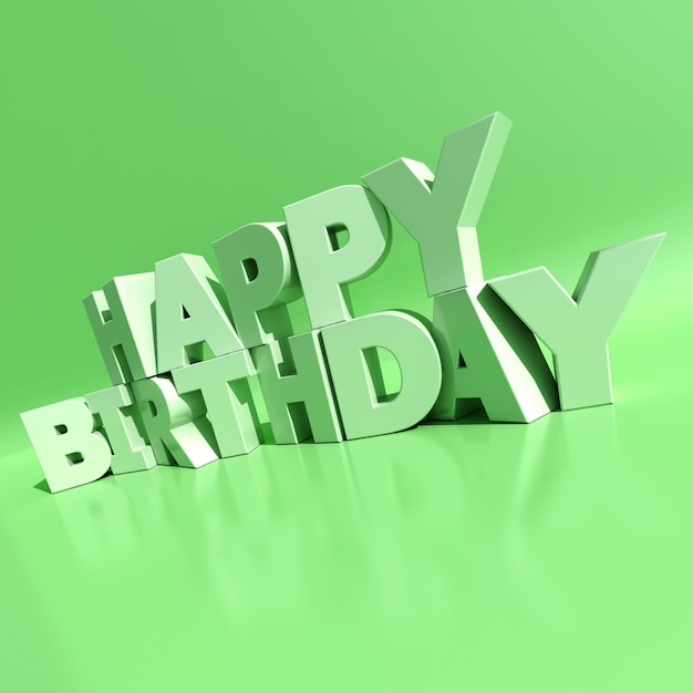 3D-weergave van witte letters die de woorden Happy Birthday vormen op een groene achtergrond