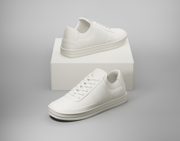 3D-weergave van witte sneakers staat op een witte doos