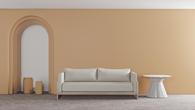 3D-weergave van woonkamer in eigentijdse stijl Witte bank op lege boogmuur
