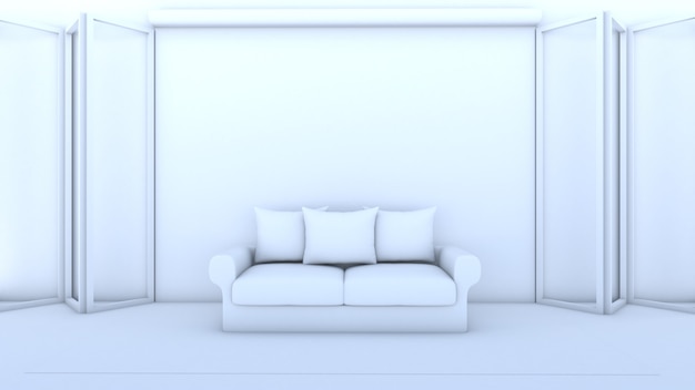 3D-weergave van woonkamer interieur, sofa en kussen, mockup op wit scherm