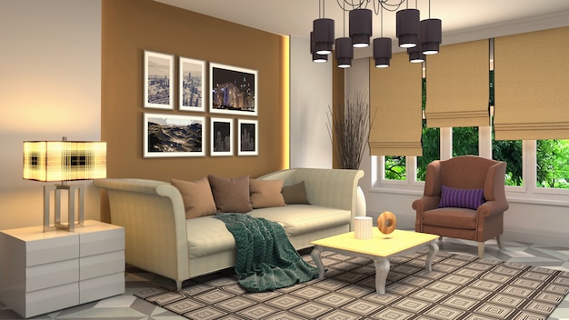 3D-weergave van woonkamer interieur