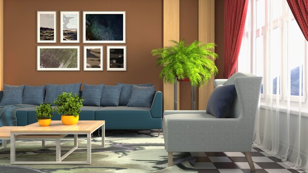 3D-weergave van woonkamer interieur
