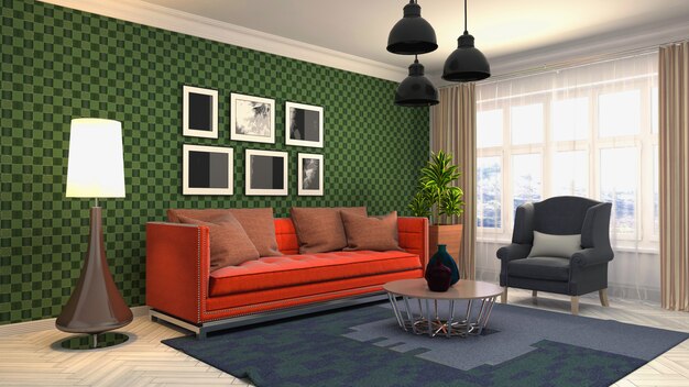 3D-weergave van woonkamer interieur