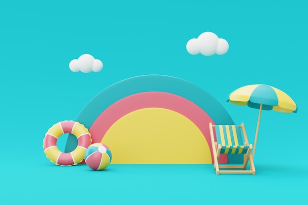 3D-weergave van zomervakantie concept kleurrijke podiumvertoning met zomerelementenwolken en regenboog minimale stijl3d render