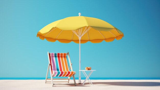 3D-weergave van zomervakantie op het strand met kleurrijke paraplu en strandstoel