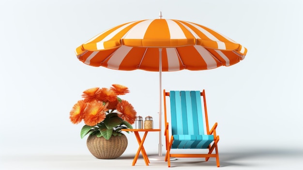 3D-weergave van zomervakantie op het strand met kleurrijke paraplu en strandstoel