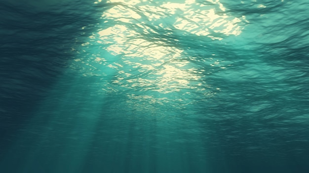 3D-weergave van zonnestralen die van bovenaf schijnen en diep helderblauw water doordringen