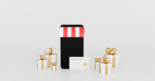 3D-weergave van zwart smartphonescherm en witte geschenkdoos gouden lint Winkelen online concept