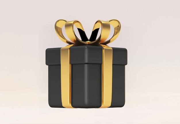 3D-weergave van zwarte geschenkdoos met gouden lint