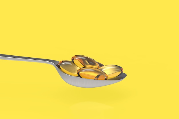 3D-weergave. Vitamine Omega-3 visoliecapsules op metalen lepel