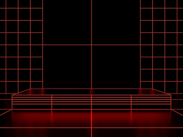 3D-weergave. Zwarte standaard en rood raster neonlichten.