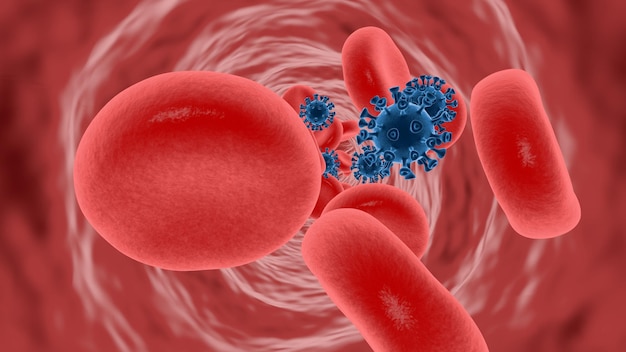 3D-weergaveCoronavirus en bloedcellen stromen in bloedvaten