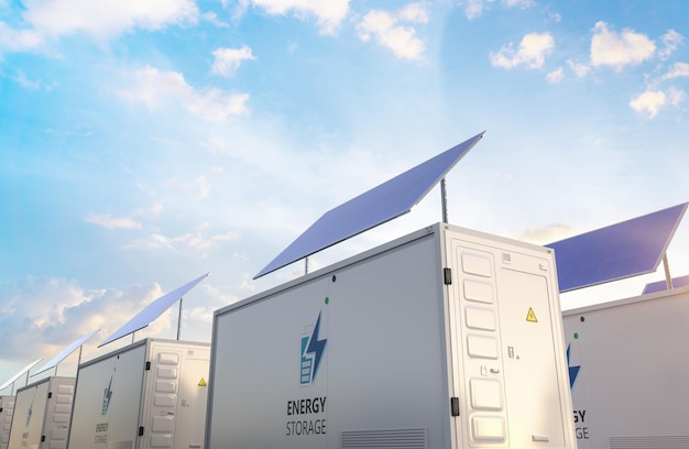 3d-weergavegroep van energieopslagsystemen of batterijcontainer-eenheden met zonnepanelen