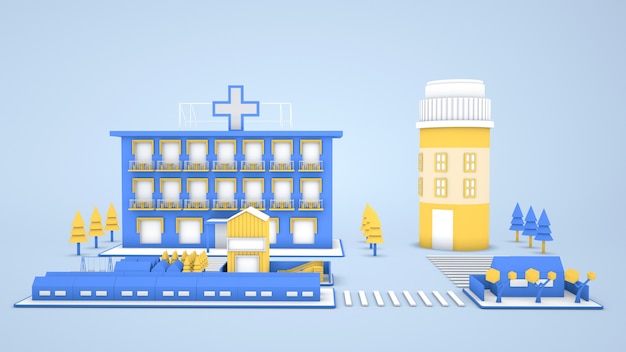 3d-weergaven van isometrische illustraties van ziekenhuisgebouwen