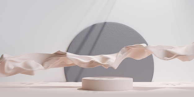 3D-weergavepodium en vliegend stoffen gordijn voor productpresentatie 3D-rendering