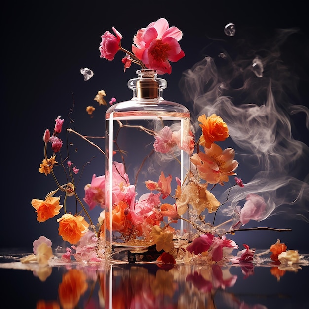 Foto 3d weergegeven beeld van frisse geur van bloem in een glazen fles mooi versierd