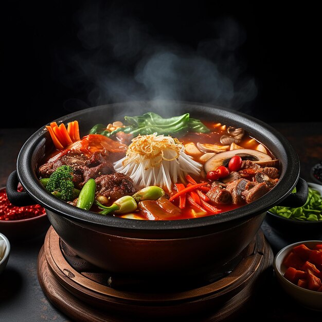 Foto 3d weergegeven een stoomende schaal van pittige koreaanse hot pot