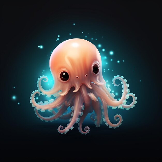 Foto 3d weergegeven schattige kleine octopus met gloeiende zwarte achtergrond