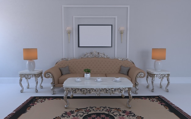 3D weergegeven van interieur van moderne woonkamer met sofa - bank en tafel
